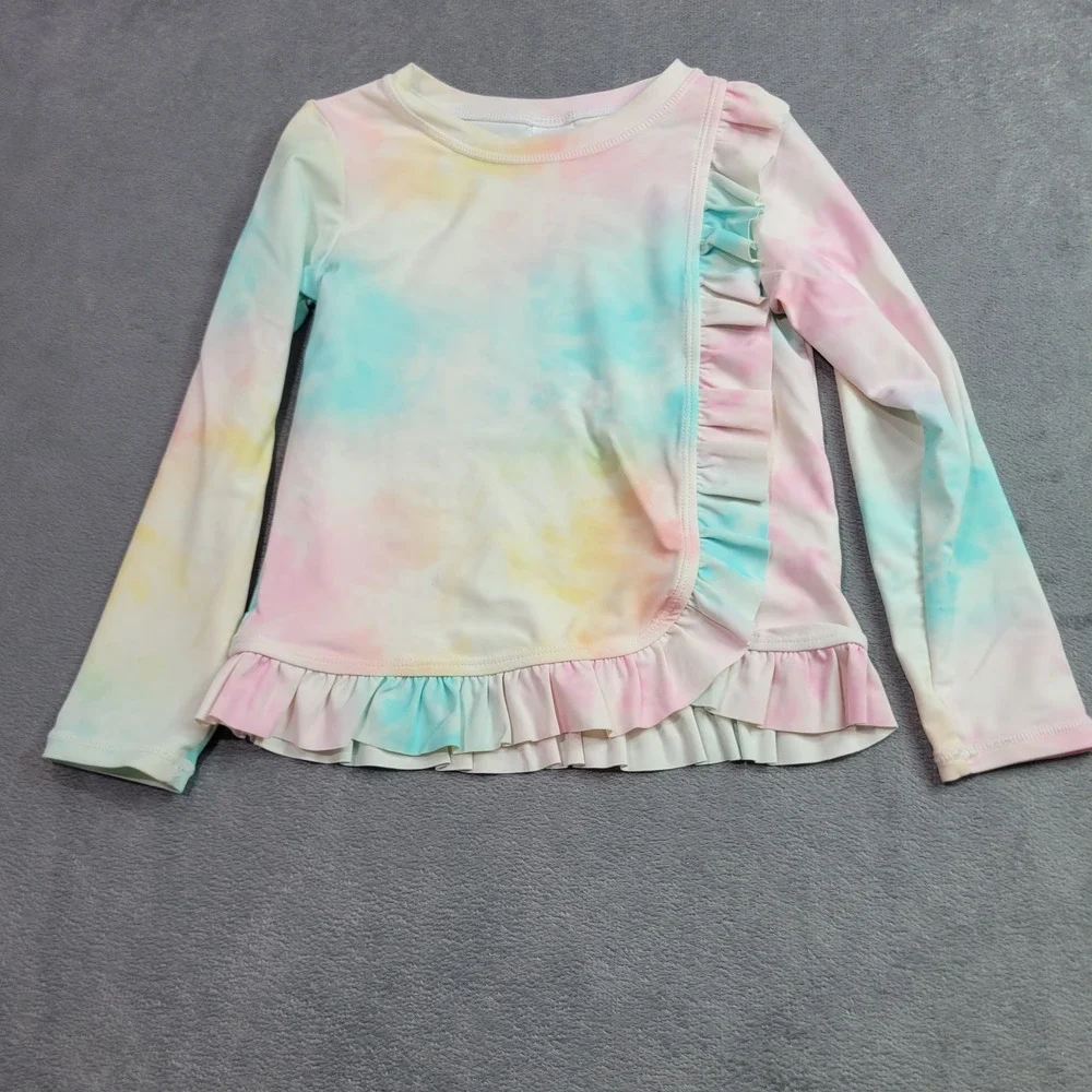 RuffleButts Girls Pastel Tie Dye Long Sleeve Ruffle Rash Guard Swim Top Size 5